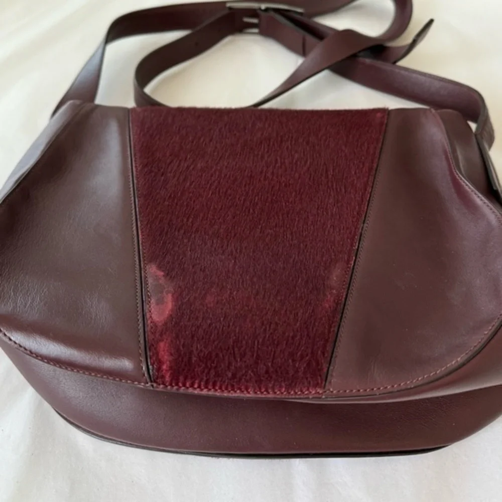 Vince‎ Maroon Burgundy Calf Hair Leather Rounded Crossbody Saddle Bag